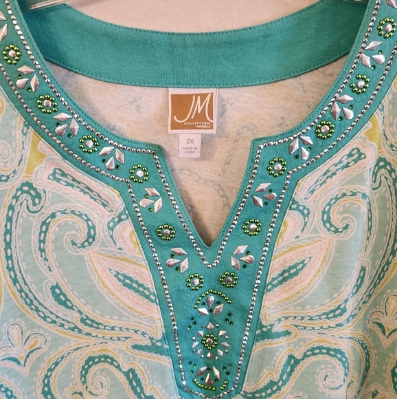 JM Collection 3/4 Sleeve Teal Paisley Design Tunic Shirt. Embellished Sz 2X NWOT - Picture 5 of 13
